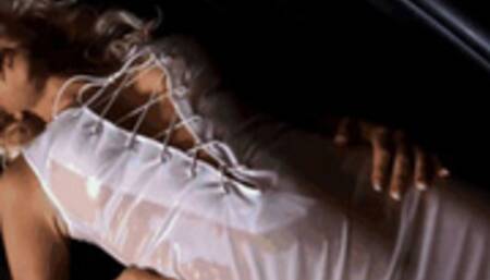 Hot blone girl masturbates in short tight white plastic skirt