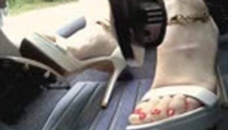 Wife drives in Sexy Platform Sandals - Pedal View