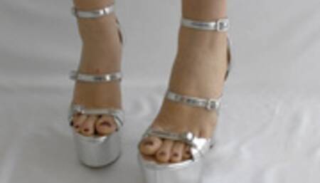 Walking in High Heels - Towering Silver Strappy Block Heel Platform Sandals