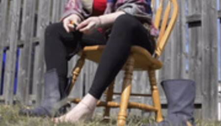 milf taking off boots, pulling on nylon socks, backyard spying, foot fetish