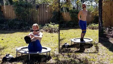0077 Self Bondage Session in the Sunshine as Gym Girl Strips, Ties Herself Up & Bounces her Tiny Tits on a Trampoline! WMV Version