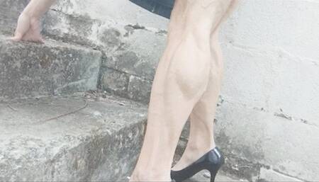 Open toed heels on basement stairs