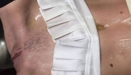 Blonde in long socks is having sex with her horny partner