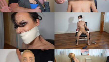 Black swann stocking chair tied and microfoam tape gagged