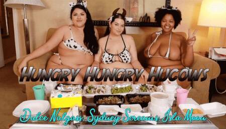 Hungry Hungry Hucows ft Sydney Screams, Dulce Nalgass, and Isla Moon - A facestuffing scene featuring BBW, overeating, burping, feederism, and belly play - 720 MP4