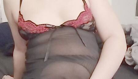 Shaved trans man masturbating in black and red lingerie