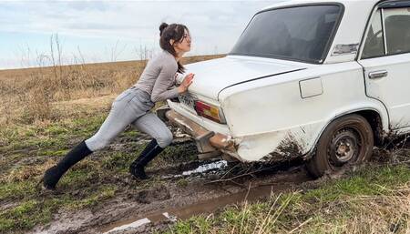 CAR STUCK Stuck in wet grass in high heeled boots