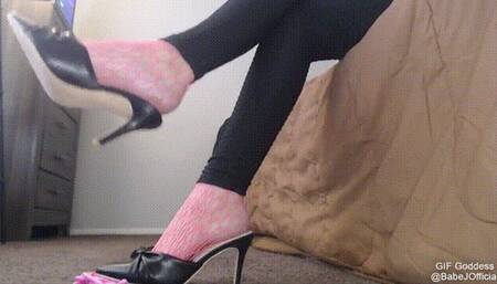 Toe Tapping in Backless Black Heels Pink Fishnets on FAKE Worms