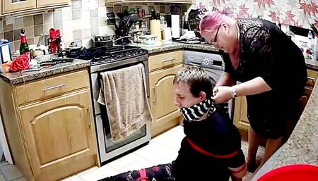 Man tighty bound and gagged in pyjamas on kitchen Floor-BBW bondage,BBW domination,man tied up,male bondage,man in bondage,bound and gagged man,pyjamas,kitchen floor,struggling,socks,amateur,