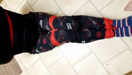 Edging and post orgasm torment on man tighty bound and gagged in pyjamas-BBW bondage,BBW domination,man tied up,male bondage,man in bondage,bound and gagged man,pyjamas,kitchen floor,struggling,socks,amateur,post cum play,handjob,edged,