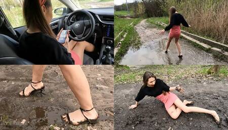 Nastya walks through the muddy forest, destroys her sandals and falls into the mud