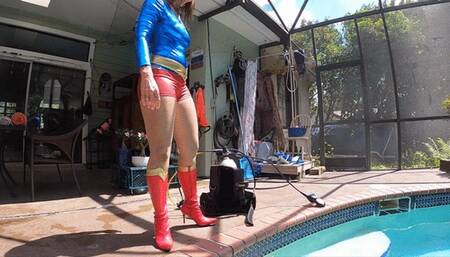 Ultra Girl Carissa goes Scuba diving in the pool; high-heeled boots, pantyhose, and all!
