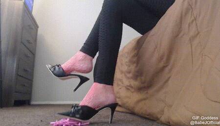 Toe Tapping in Backless Black Heels Pink Fishnets on FAKE Worms 2