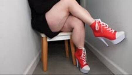 Leg Cross Ignore in Red and White Lace up Ankle Boots MP4 1080