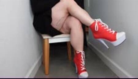 Leg Cross Ignore in Red and White Lace up Ankle Boots WMV 1080