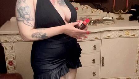 Crush- In a mini skirt, showing thick legs, wearing pantyhose and high heels, generous neckline and between her fingers a red Marlboro