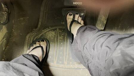 Driving dirty truck in flip flops