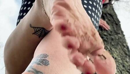 Giantess in the wild, look up at her huge wrinkly soles, milf soles and toes pov2