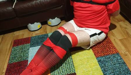 Toy nerfgun and feet tickling fun with a tied up footballer-BBW domination,BBW bondage,male bondage,man in bondage,man tied up,football kit,soccer kit,socks,gay bondage,rope bondage,bound and gagged man,amateur,footballer,