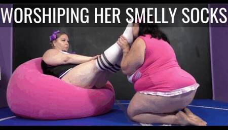 Worshiping Her Smelly Socks ft Kari Anthony and Veronica Vixen - A foot worship scene featuring: sock smelling, gym socks, lezdom, female domination, female submissive, and BBW feet