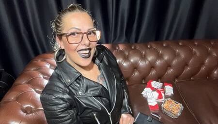 Darkside - Two marlboro 100s chain - Smoke rings show - Nose exhales - Long drag - Genuine leather jacket - Black lipstick