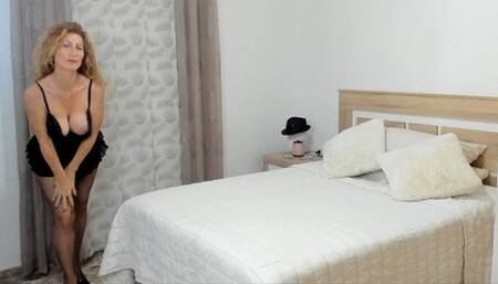 Milf teases in fishnet, then strips to spread ass and pussy