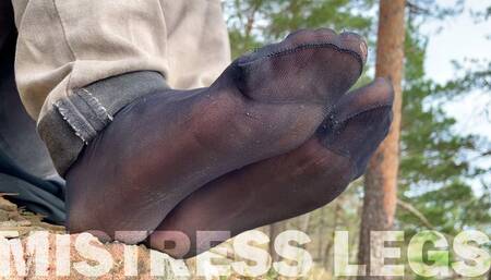 Feet Teasing At The Forest In Torned And Sweaty Black Nylon Socks (MOV HD)