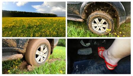 Crazy rwd spinning wheels hard burnouts in high grass and soft mud