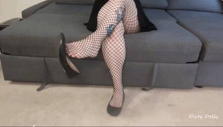 Fishnet Feet In Black Ballet Flats Dangle And Dip