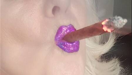 Smoking a cigar is like having oral Sex*Close up*OMI's*purple pink glossy lips*eyeglasses*violet nail polish*deep inhalations