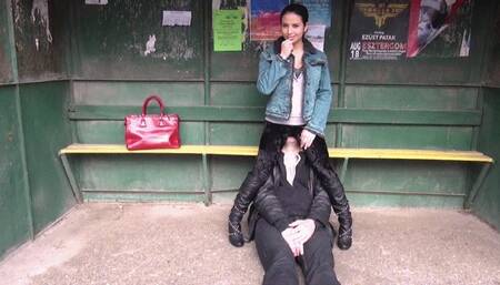 OUTDOORS SLAVE TRAINING - AT THE BUS STATION - FACESITTING IN TIGHT PANTS REMASTERED