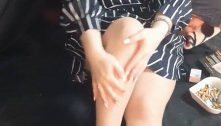 smoking a cigarette in my work dress and pantyhose