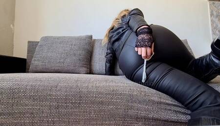 Leather farts in a condom domination