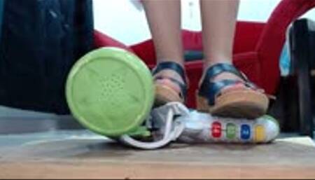 crushing a saxaphone in sexy sandals and heels extremly hard