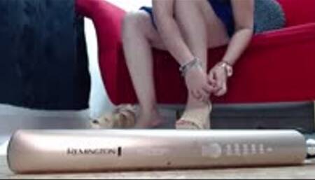 crush a hair straightener remington in wooden sexy sandals and barfeet
