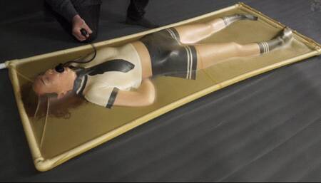 Tickle and gag schoolgirl pear in latex bed