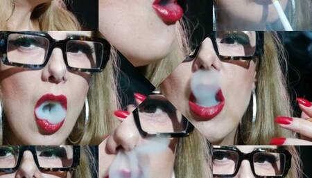 Smoke in the face - Close-up - Marlboro 100s - French Inhale - Nose Exhales - Long drag - Smoke rings - Red Lipstick