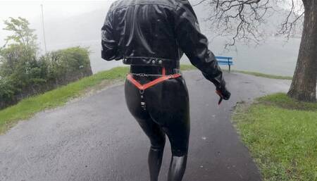 Latex and PEE Ass Leggings in Public at Shopping Mall and Huge Dildo Masturbation Labia Piercings Stretched by Chains Part 4