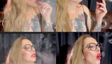 Close-up - Cigar - Nose exhales - Long drag - Smoke rings