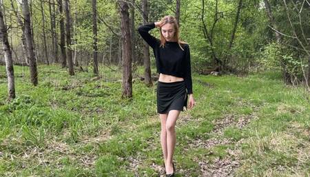 a girl in high heels steps on sticky cum, she sticks her shoes and then her stockings to the ground and cannot take her feet off the ground