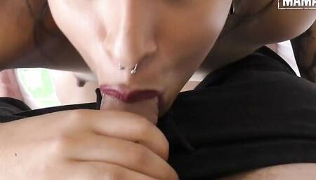 Charming brunette sucks a dick and fucks in a POV-style video