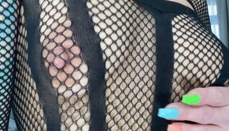 Sasha Bull Fishnet Bodystocking and Nipple Play
