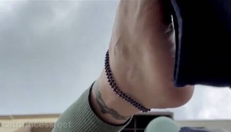 Smelly giantess ballet slippers dangle & barefoot outside soles show