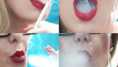 Pov- Close-up - Open mouth Inhales and open mouth exhales - Coughing - Red Lipstick