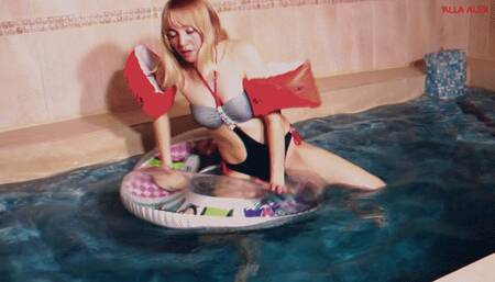 Alla swims in the pool on a rare inflatable ring and fucks him hot!!!