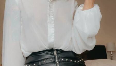 Sasha Bull Smoking in her Leather Skirt