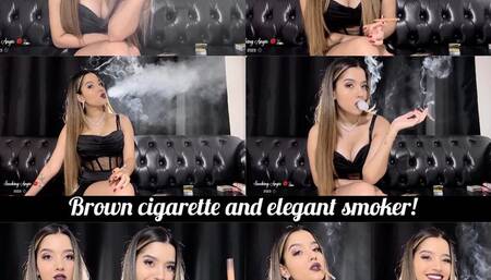 Brown cigarette and elegant smoker in a black minidress!