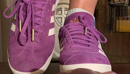Purple Adidas Gazelle shoejob by Mistress Monica
