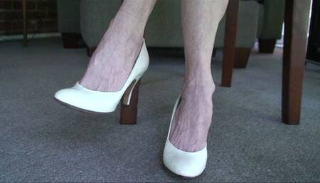 Lilly, the white vintage pumps, her granny ankles, closeup