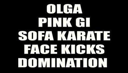 Olga pink gi sofa karate face kicks domination